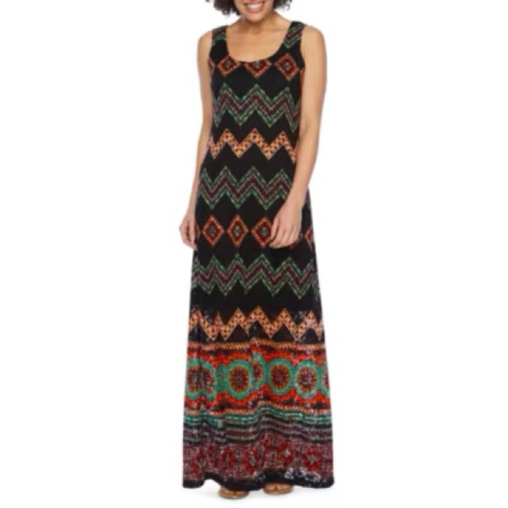 Black and Multicolor Patterned Maxi Dress